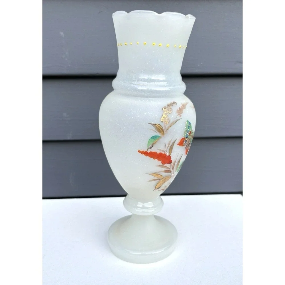 Antique Bristol opaline blown glass matched vases hand painted butterflies EVC